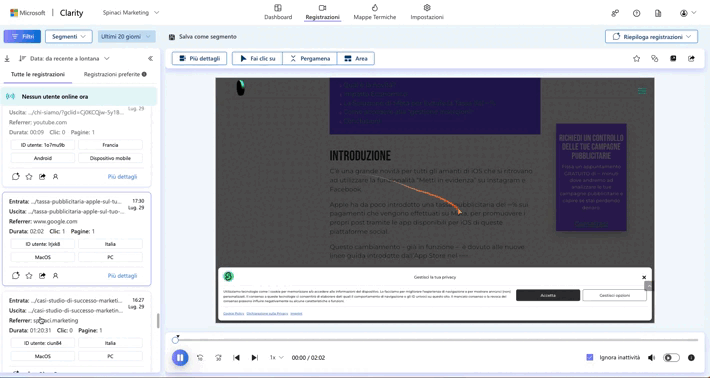 Registrazione sessione utente su sito spinaci con clarity